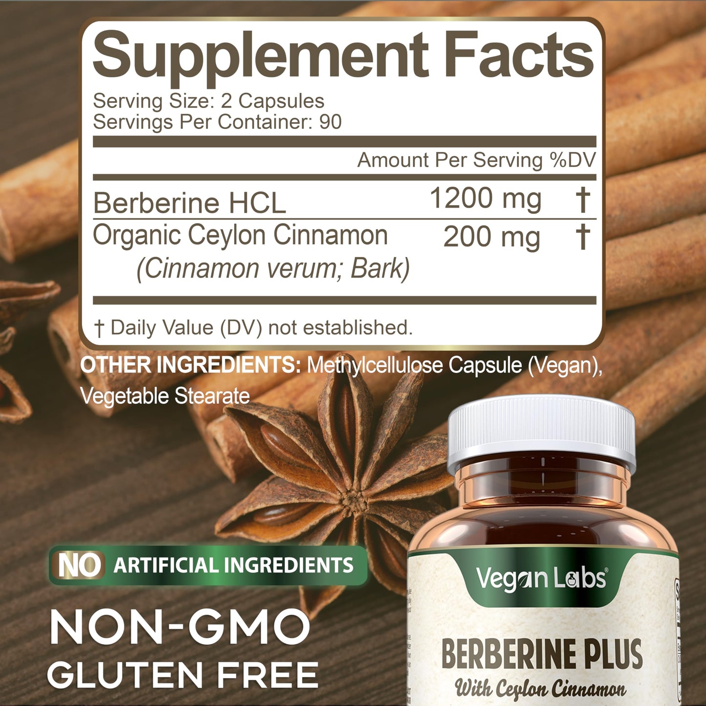 Vegan Labs Berberine HCL 1200MG with Organic Ceylon Cinnamon - 180 Vegan Capsules