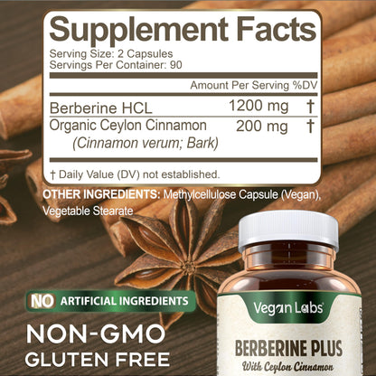 Vegan Labs Berberine HCL 1200MG with Organic Ceylon Cinnamon - 180 Vegan Capsules