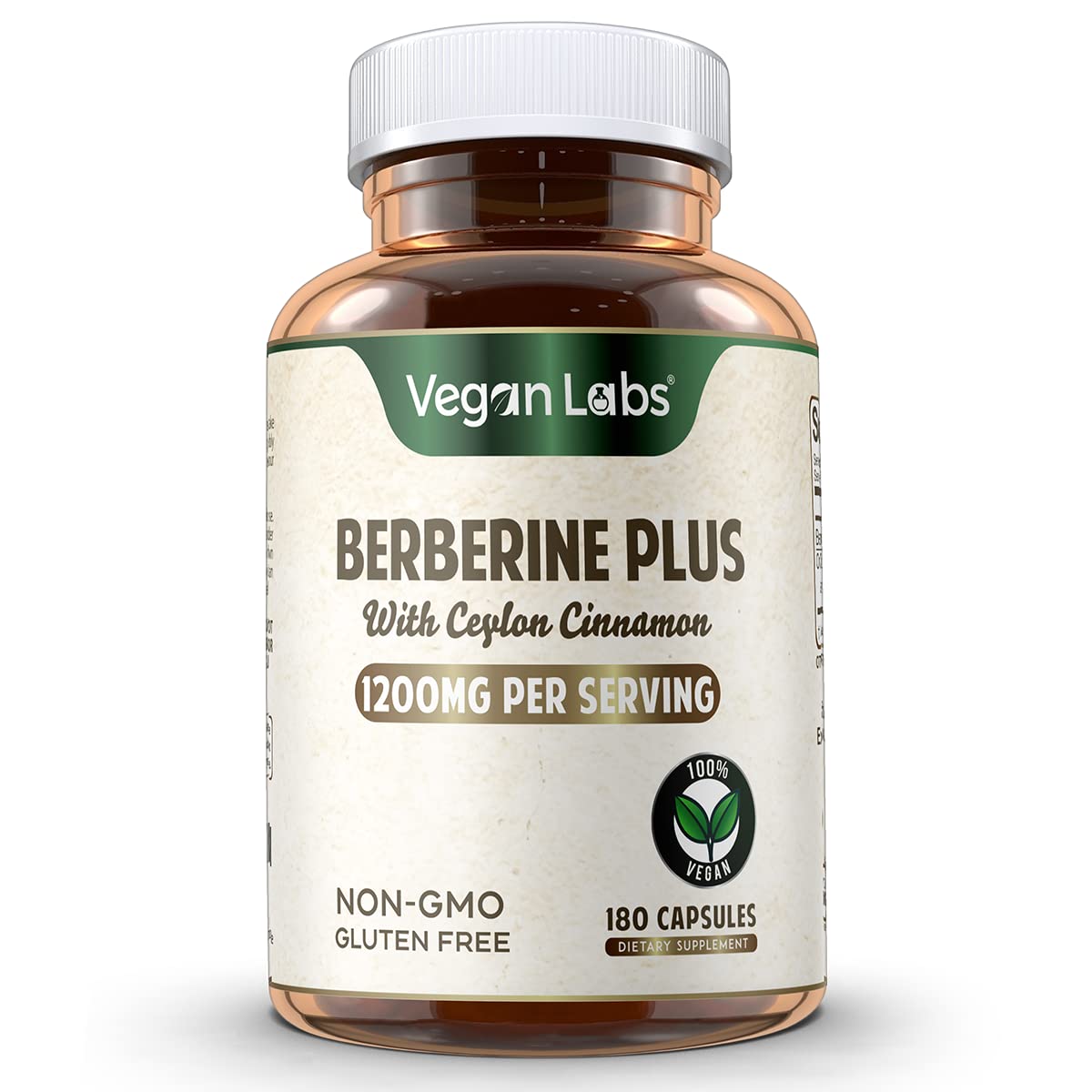 Vegan Labs Berberine HCL 1200MG with Organic Ceylon Cinnamon - 180 Vegan Capsules
