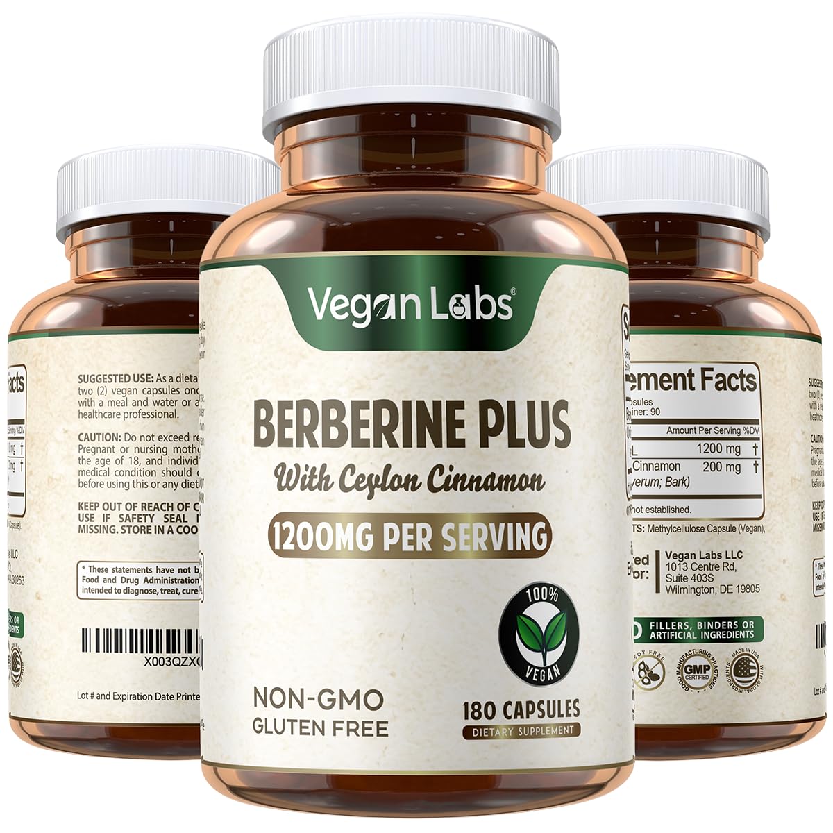 Vegan Labs Berberine HCL 1200MG with Organic Ceylon Cinnamon - 180 Vegan Capsules