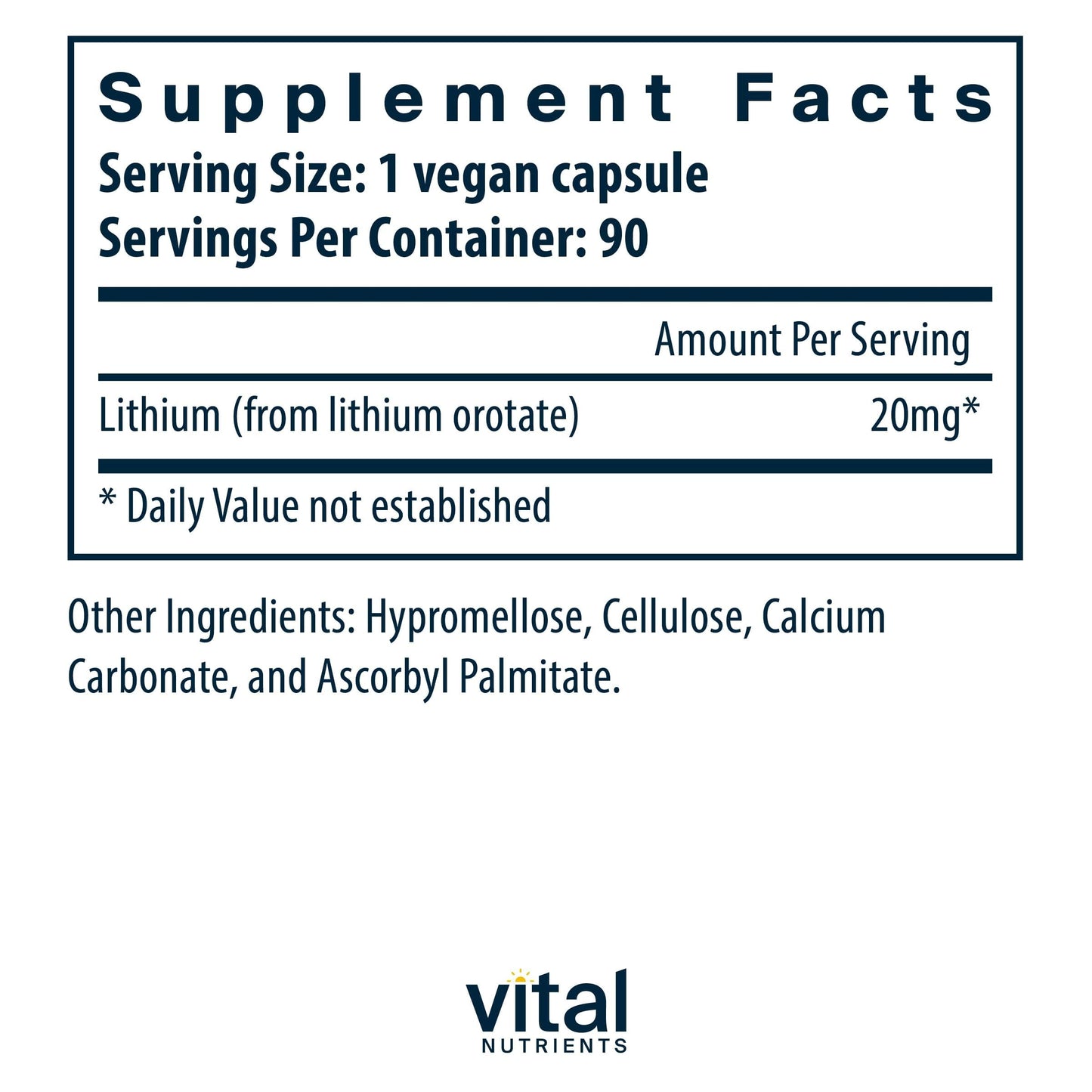 Vital Nutrients Lithium Orotate | Vegan Lithium Supplements for Memory, State of Mind, and Behavioral Health* | 20mg | Gluten, Dairy, Soy Free | 90 Capsules