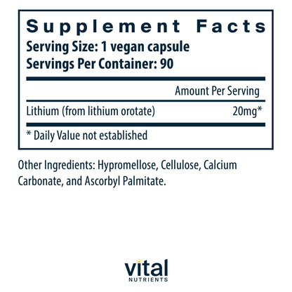 Vital Nutrients Lithium Orotate | Vegan Lithium Supplements for Memory, State of Mind, and Behavioral Health* | 20mg | Gluten, Dairy, Soy Free | 90 Capsules