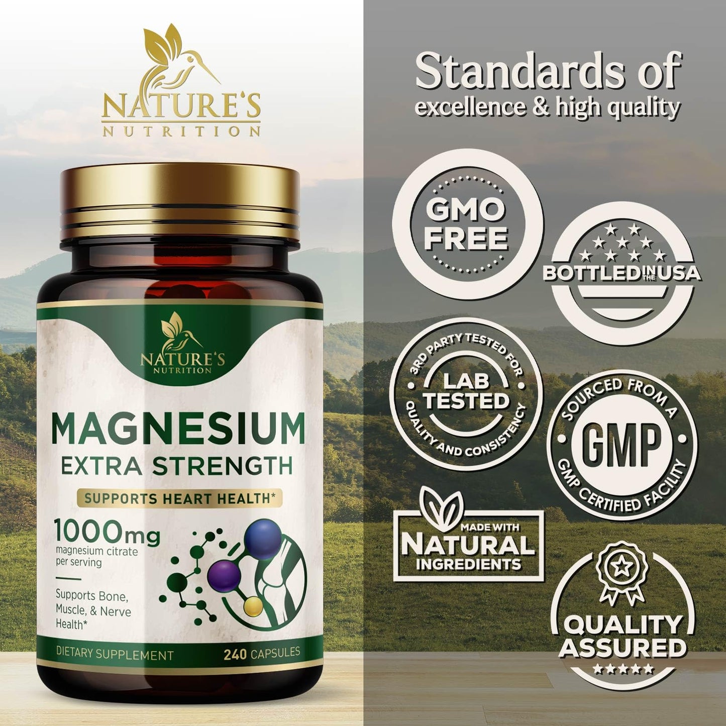 Magnesium 1000 mg Citrate - High Potency Mineral Support (Bone, Heart, Nerves & Muscles) - 240 Capsules