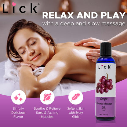 Grape Flavored Massage Oil - Vitamin E, Sweet Almond & Coconut Oil, 4 oz (Vegan, Non-Sticky)