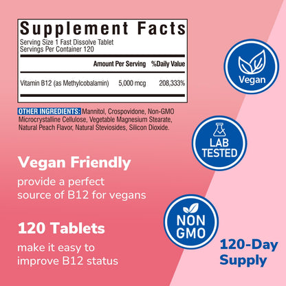 Vitalibre B12 Sublingual 5000 mcg – Vegan Methylcobalamin, Energy