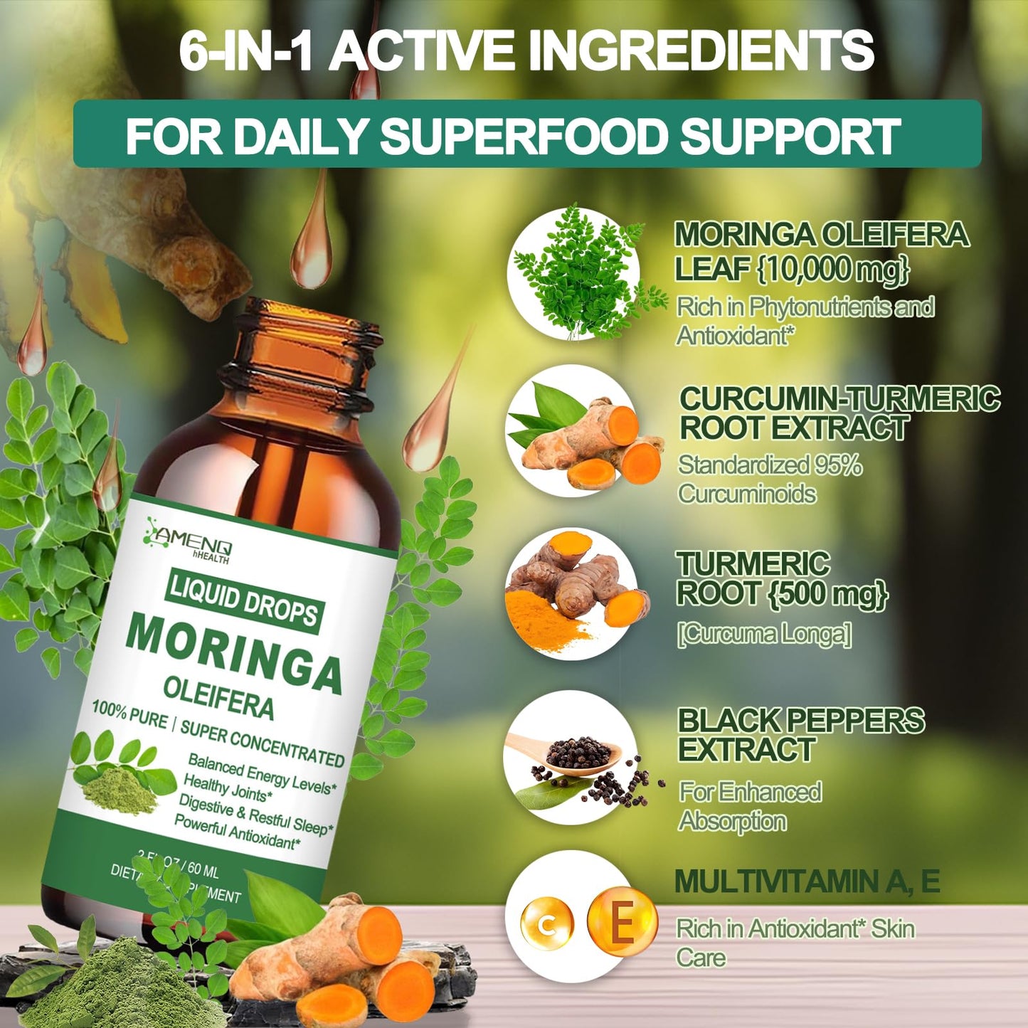 Pure Moringa Oleifera Liquid Drops with Turmeric & Black Pepper – Organic Moringa Supplement for Energy, Immunity, Skin, Joints & Gut