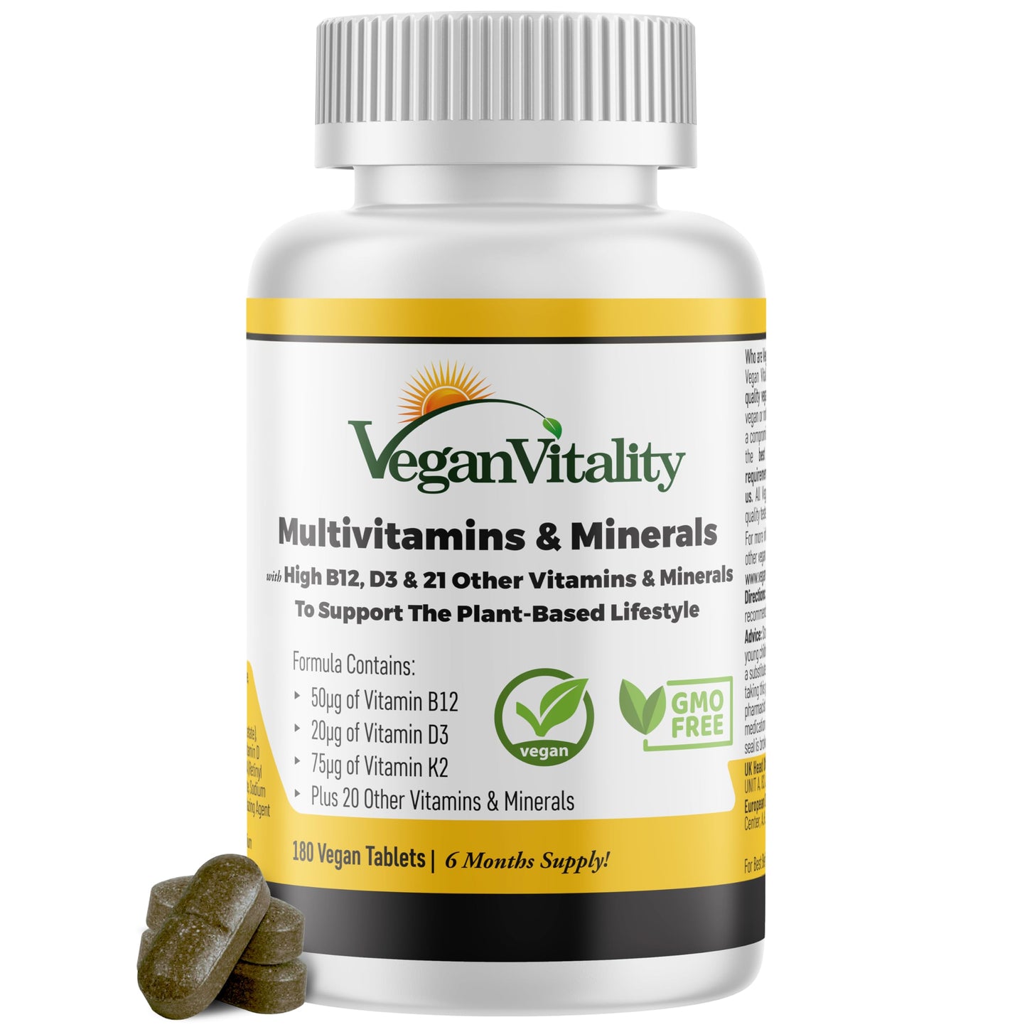 Vegan Vitality Multivitamins for Women & Men | High-Strength B12 D3 K2 | 180 Tablets (6 Months)