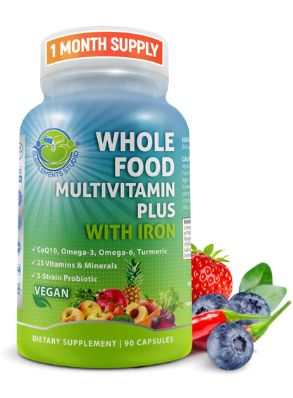 Vegan Whole Food Multivitamin with Iron – Methylated B-Complex, Non-GMO | 90 Count