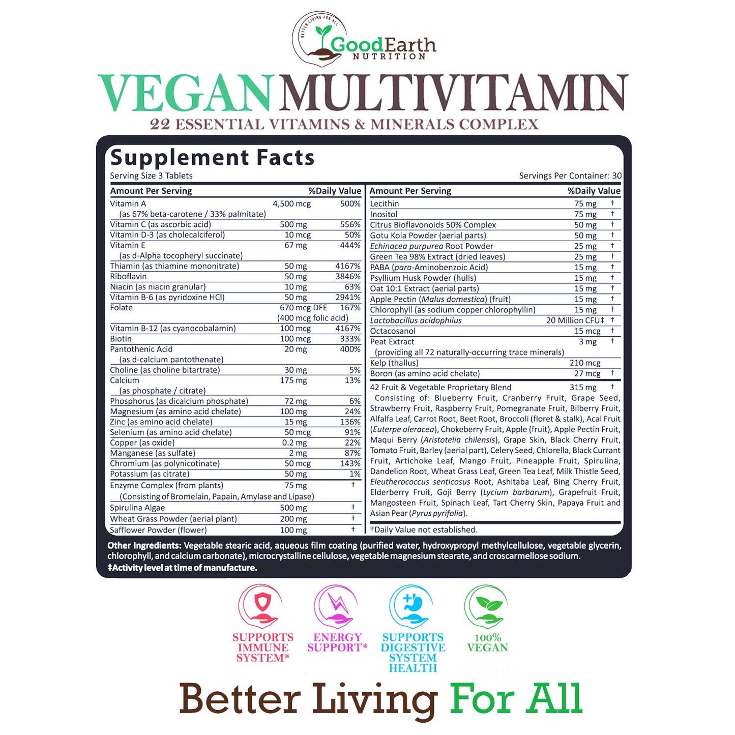 Vegan Multivitamins for Men & Women – Daily Multivitamin with A, B, C, D3 & Zinc