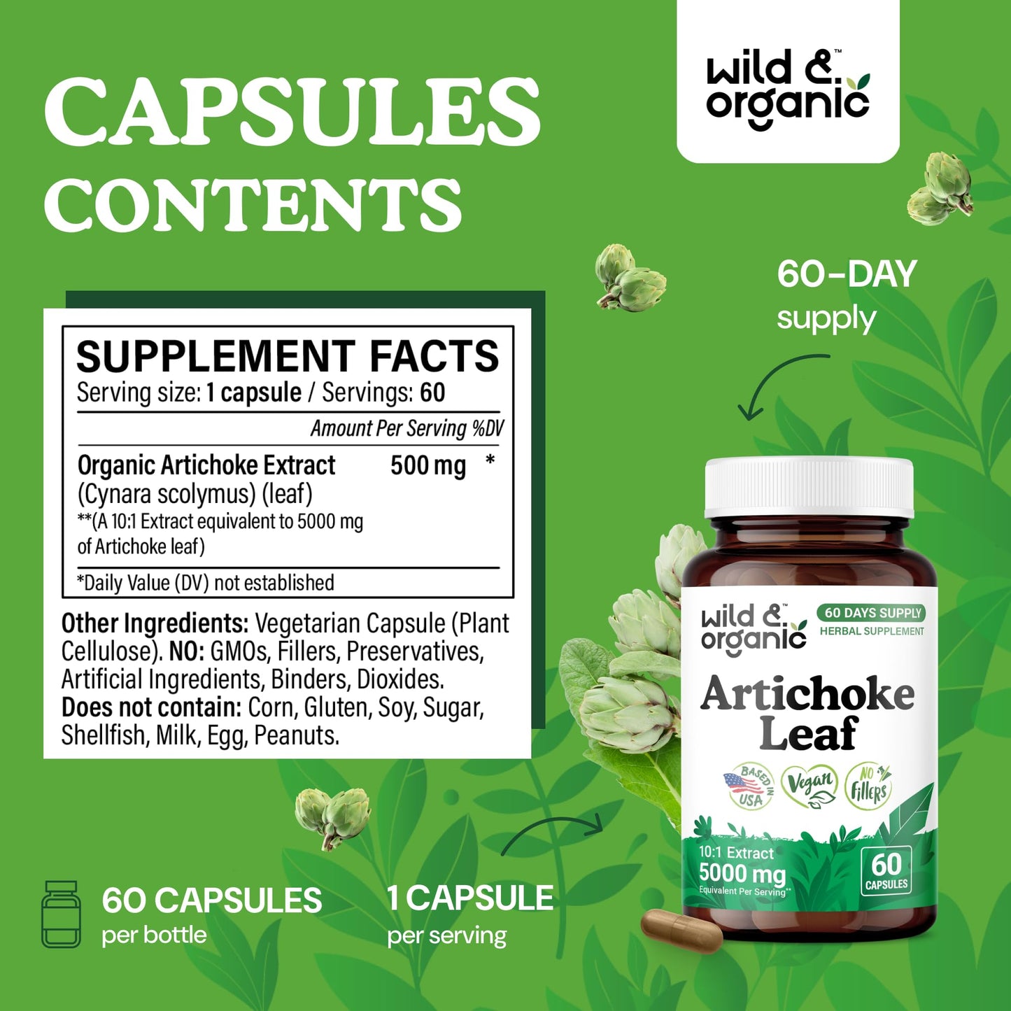 Wild & Organic Artichoke Extract Capsules 500 mg – Liver & Digestive Support – Vegan, Non-GMO – 60 Count