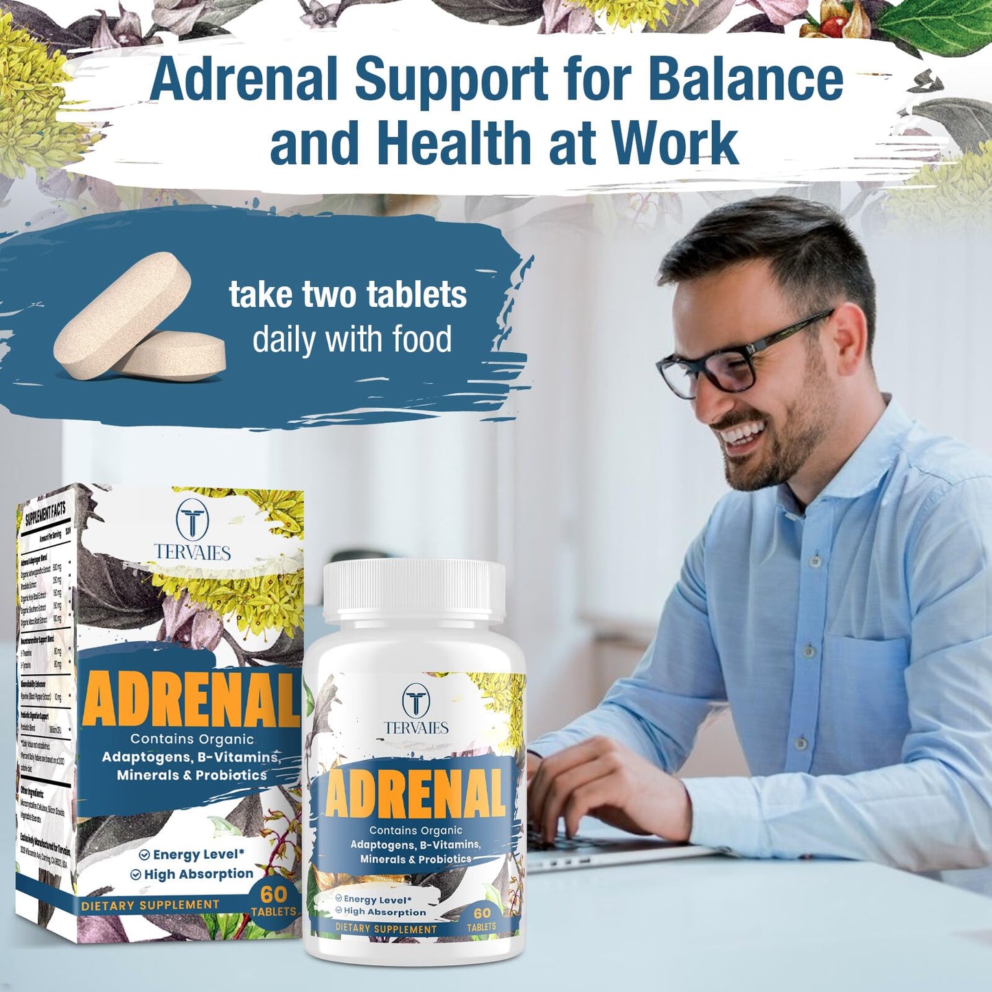 Adrenal Support Adaptogens – Cortisol Support with Rhodiola, Ashwagandha & Eleuthero | 60 Vegan Tablets