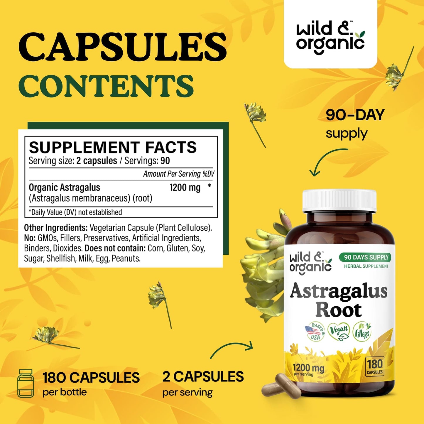 Wild & Organic Astragalus Capsules 1200 mg - Immune Support - Vegan, Non-GMO, No Fillers | 180 Count Pack of 1