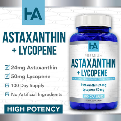 Astaxanthin & Lycopene Supplement – 50mg Lycopene, 24mg Astaxanthin | Vegan, Non-GMO (100 Veggie Capsules)