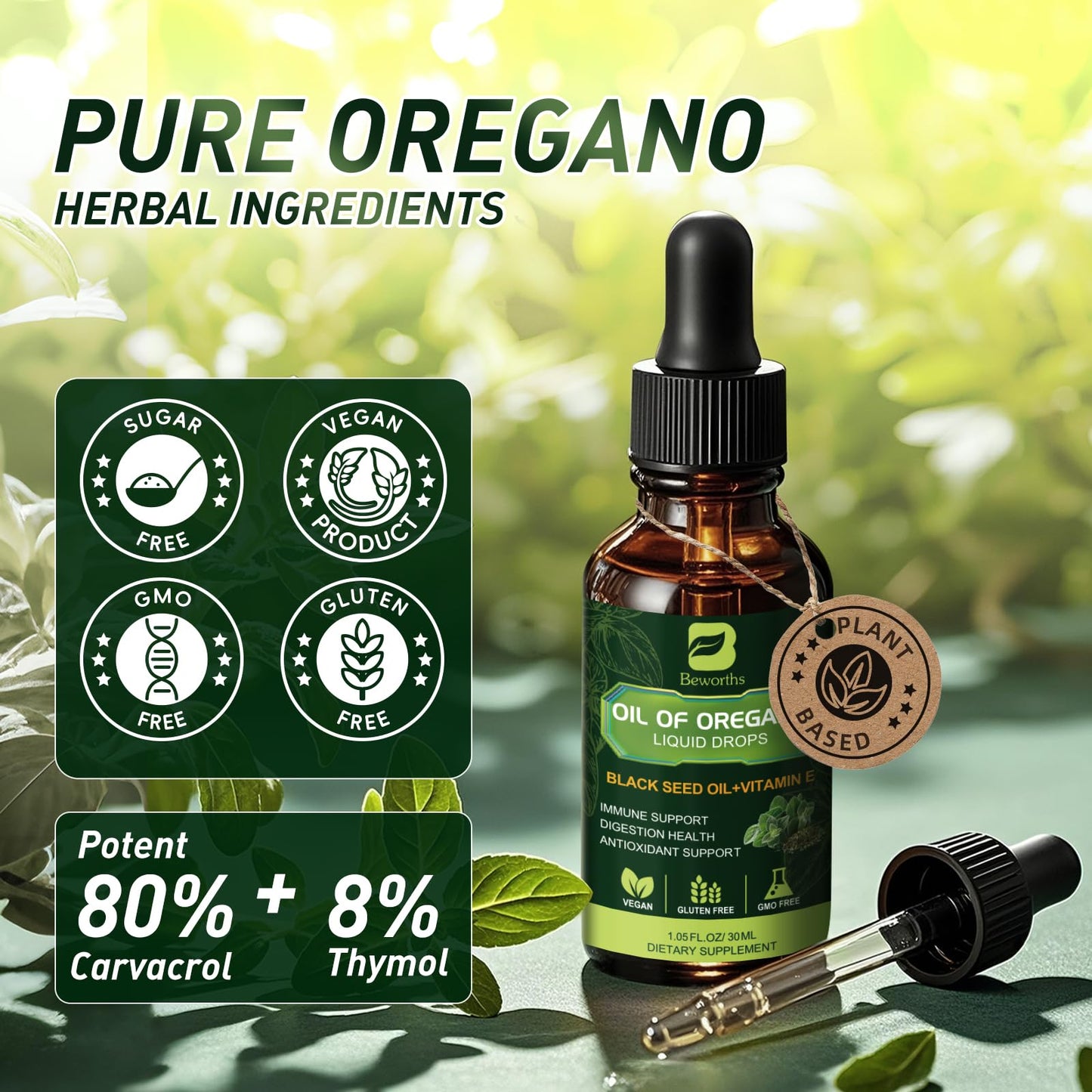 Oregano Oil Drops with Black Seed Oil & Vitamin E – Immune Support | Vegan & Non-GMO | 1 Fl Oz