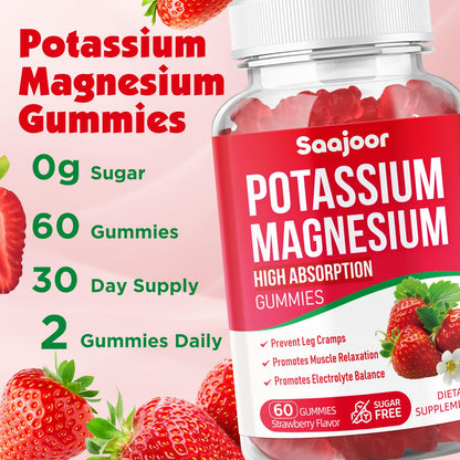 Potassium Magnesium Gummies with High Absorption Magnesium Glycinate, D3 & B6 – Strawberry Flavor (60 Count)