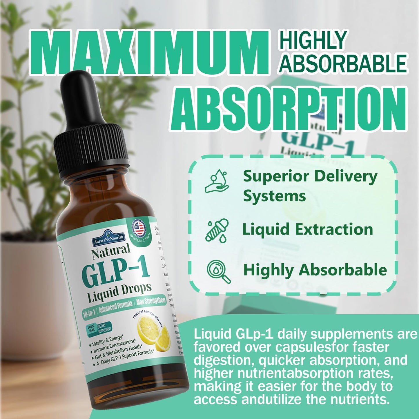 2 Pack GLP-1 Supplement Liquid Drops, 10-in-1 Formula with Berberine, Ceylon Cinnamon, Prebiotic Fiber & Green Tea Extract | Supports Healthy Metabolism, Digestive & Gut Health丨Vegan, Non-GMO