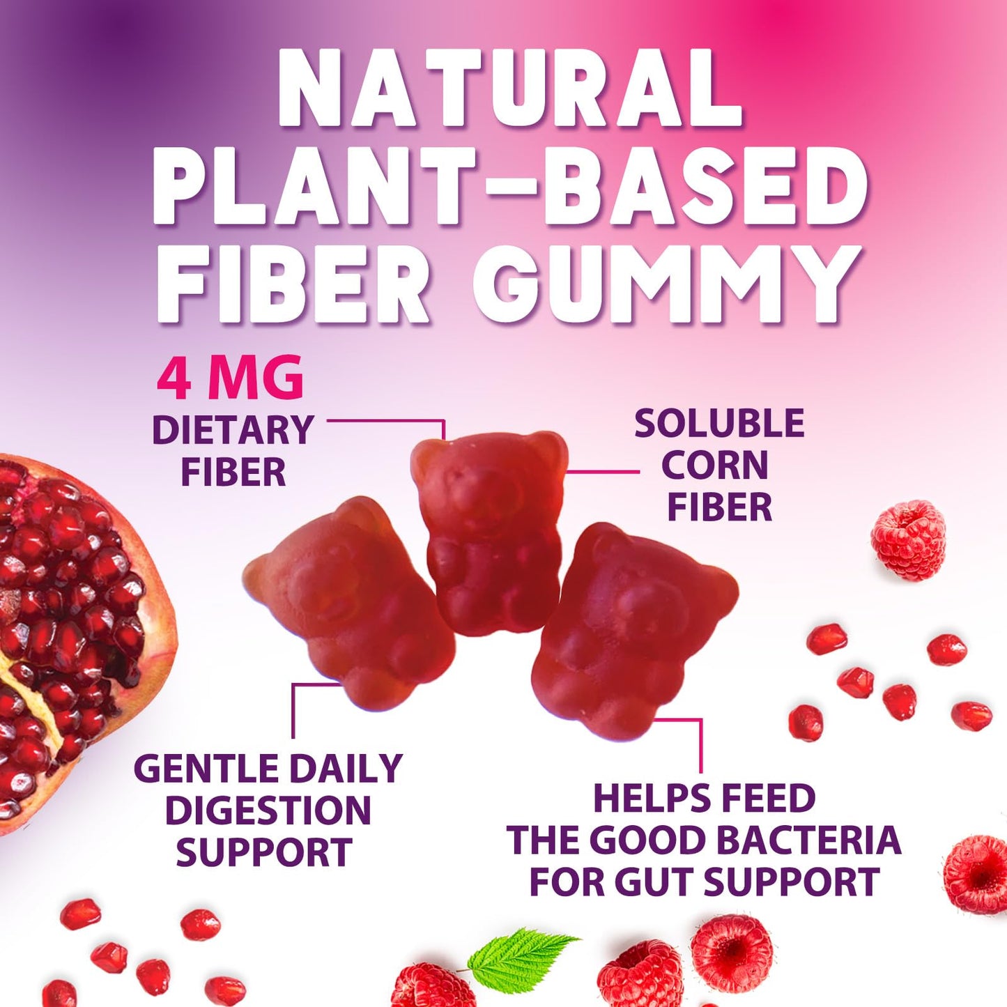 Prebiotic Fiber Gummies 4g - Sugar Free Gummy Fiber Supplement for Digestive Health & Regularity - Raspberry Flavor | Plant-Based, Non-GMO, Gluten Free - 60 Gummies
