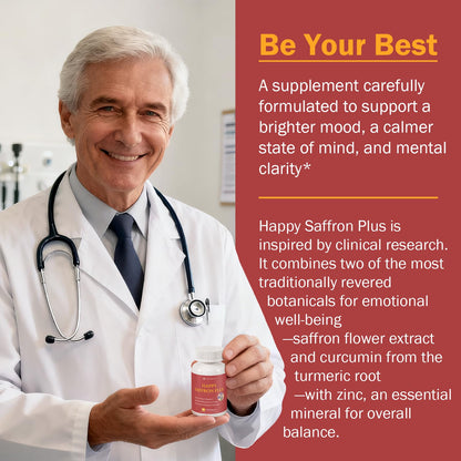 Happy Saffron Plus - 90 Vegan Capsules | Mood Balance & Eye Health | Non-GMO, Gluten Free