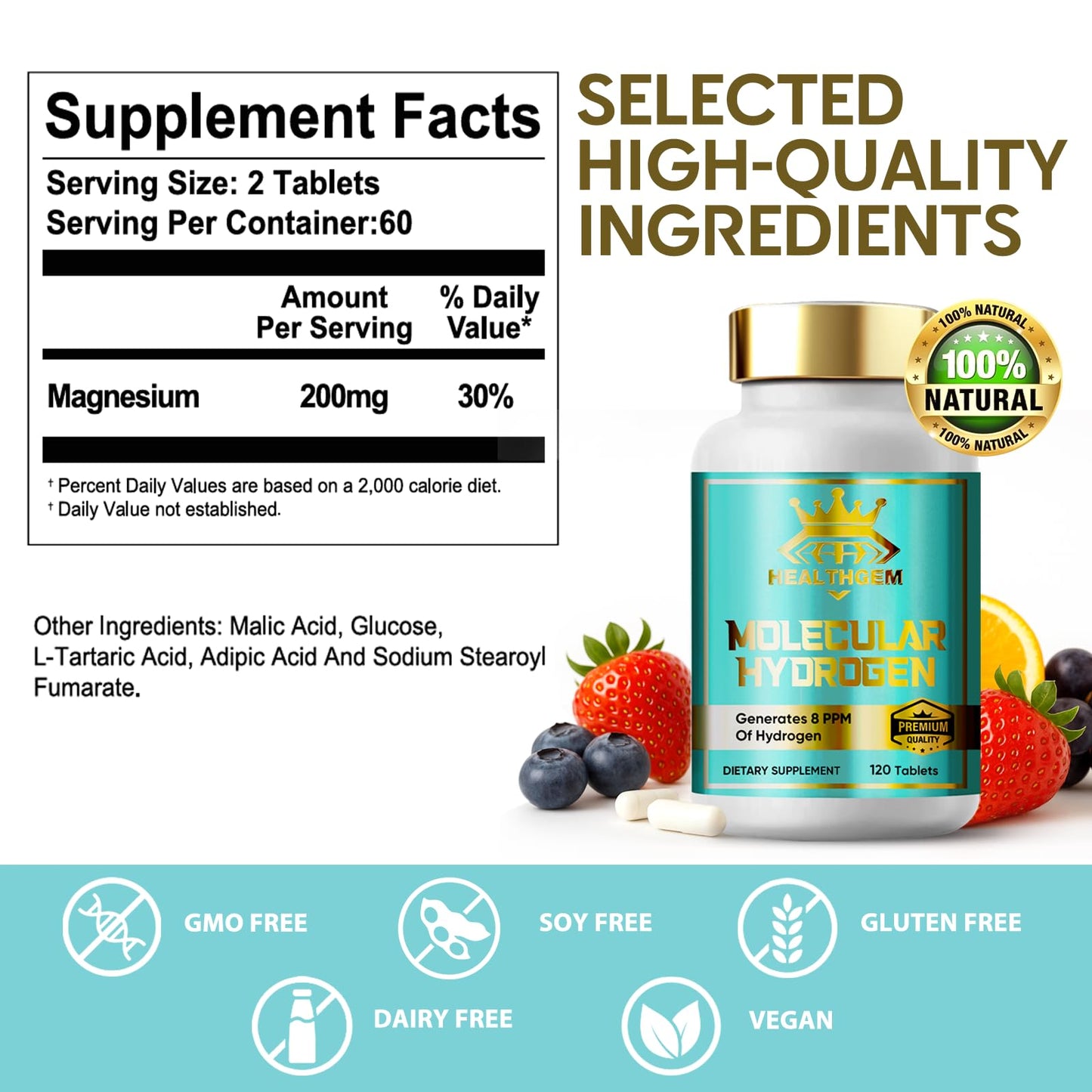 Hydrogen Water Tablets with Magnesium – H2 Molecular Hydrogen Supplements for Brain Health & Cognitive Support (120 Capsules) – Non-GMO, Vegan, Gluten Free