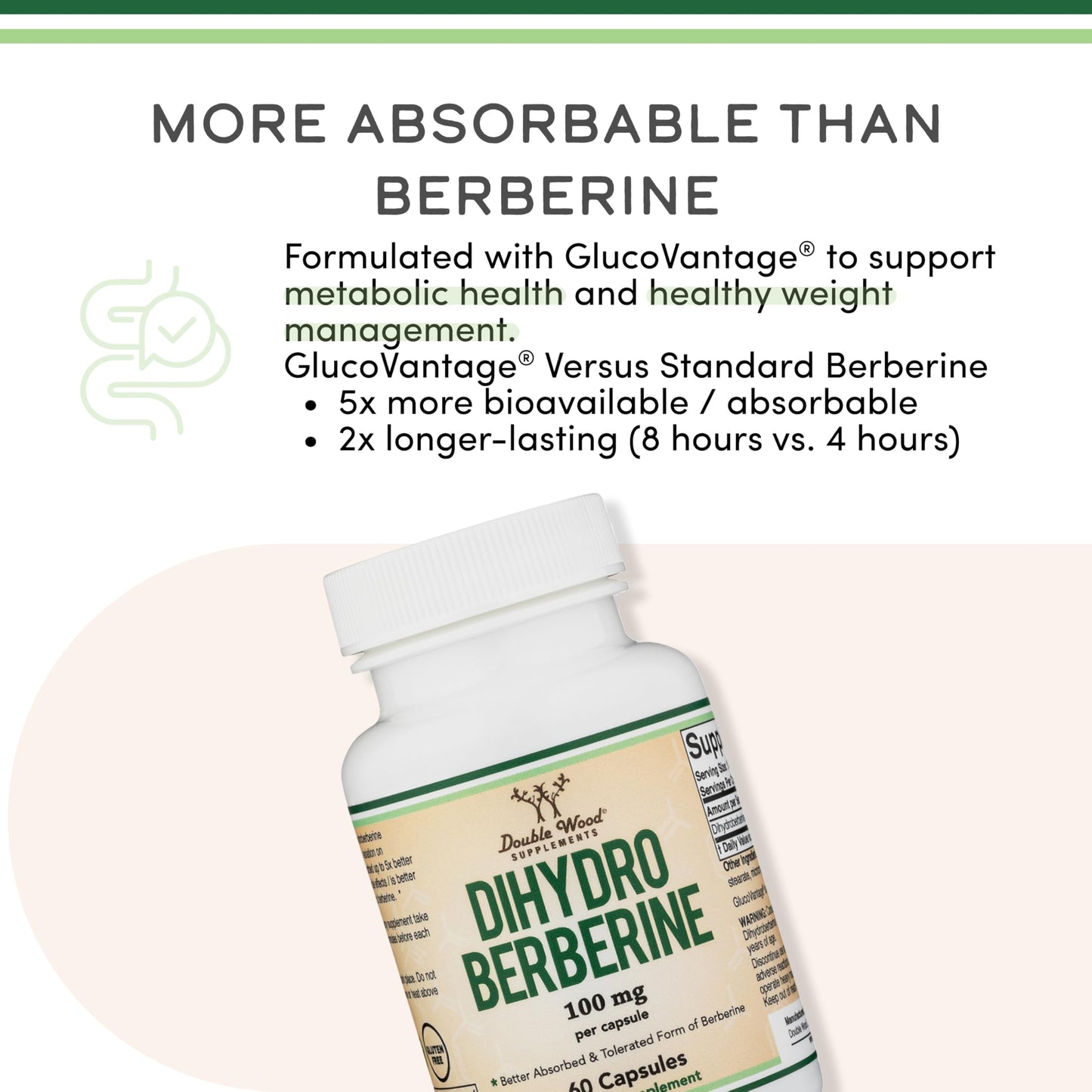 Dihydroberberine 100mg (60 Caps) - GlucoVantage | Third-Party Tested | Vegan Safe | Double Wood