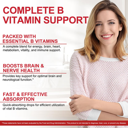 Vitamin B Complex Liquid Drops – Vegan B12 (Methylcobalamin) with B1, B3, B6, B9 and Niacin – 40 Servings