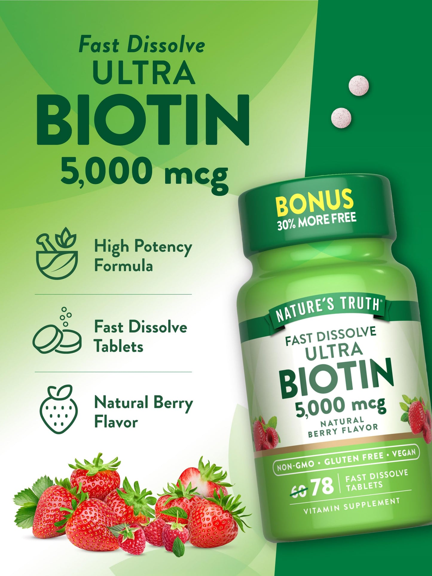 Nature's Truth Biotin 5000mcg - 78 Fast-Dissolve Tablets, Berry Flavor, Vegan & Gluten Free