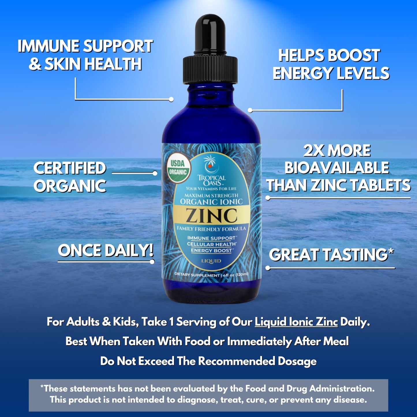 USDA Organic Ionic Zinc Drops for Men, Women & Kids | Immune Support & Skin Health | 98% Absorption | 4 Fl Oz