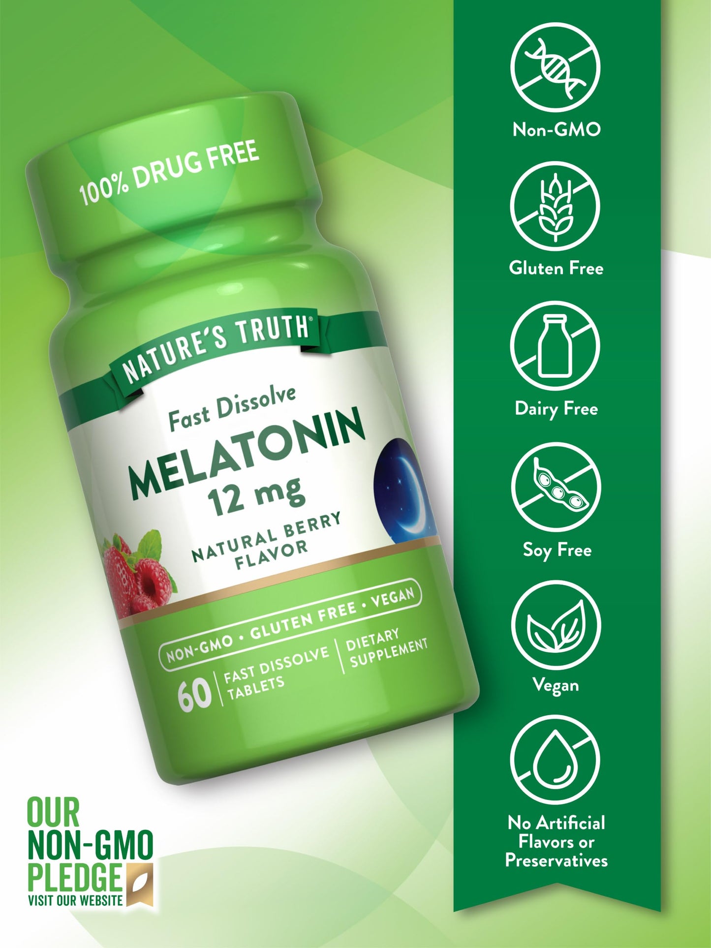 Nature's Truth Melatonin 12mg | 60 Fast Dissolve Tablets | Natural Berry Flavor | Vegan, Non-GMO & Gluten Free Supplement