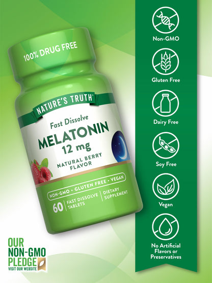 Nature's Truth Melatonin 12mg | 60 Fast Dissolve Tablets | Natural Berry Flavor | Vegan, Non-GMO & Gluten Free Supplement