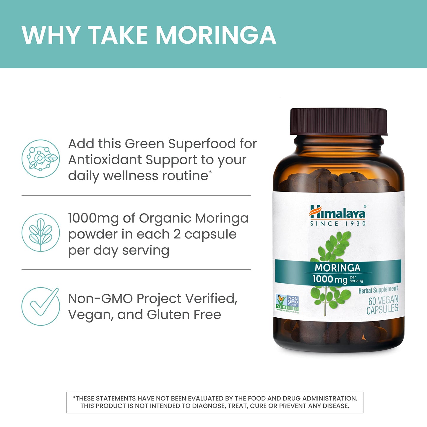 Himalaya Moringa - Herbal Superfood 1000 mg, 60 Capsules | Vegan, Non-GMO, Gluten Free