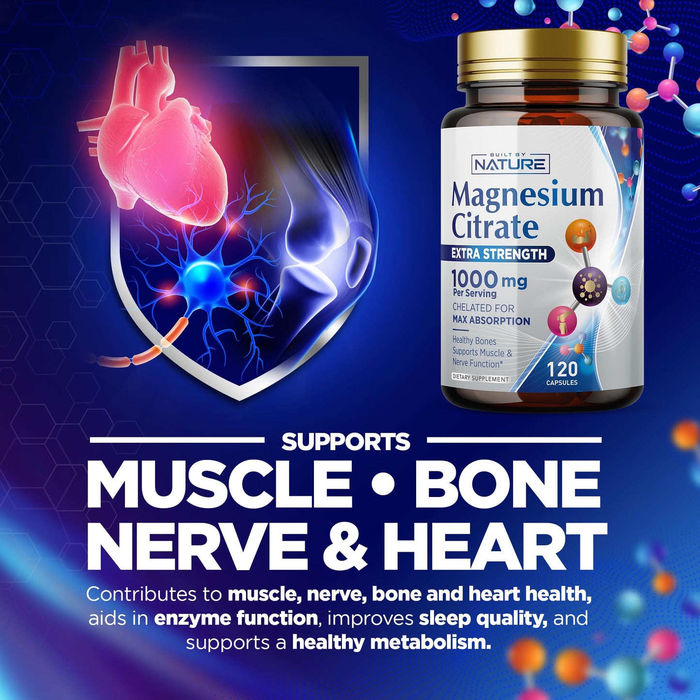 Magnesium Citrate 1000mg - High Absorption Magnesium Complex for Heart, Muscle, Nerve, Bone Health | Vegan, Non-GMO, Gluten-Free - 120 Capsules