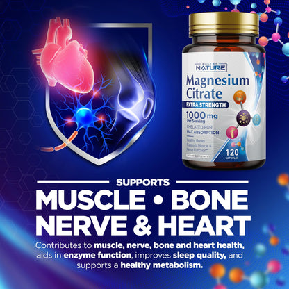 Magnesium Citrate 1000mg - High Absorption Magnesium Complex for Heart, Muscle, Nerve, Bone Health | Vegan, Non-GMO, Gluten-Free - 120 Capsules