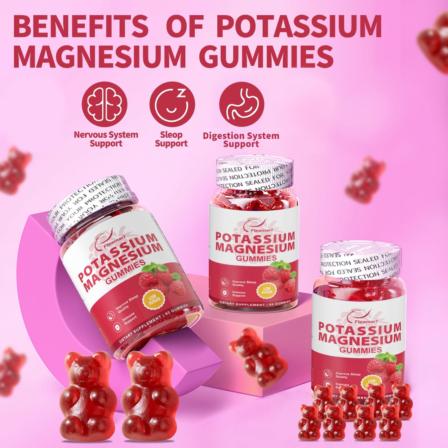 Potassium Magnesium Gummies – Potassium Citrate 99mg & Magnesium Citrate 250mg | Immune Support Raspberry, 60 Gummies (2 Pack)
