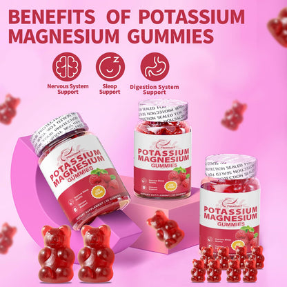 Potassium Magnesium Gummies – Potassium Citrate 99mg & Magnesium Citrate 250mg | Immune Support Raspberry, 60 Gummies (2 Pack)