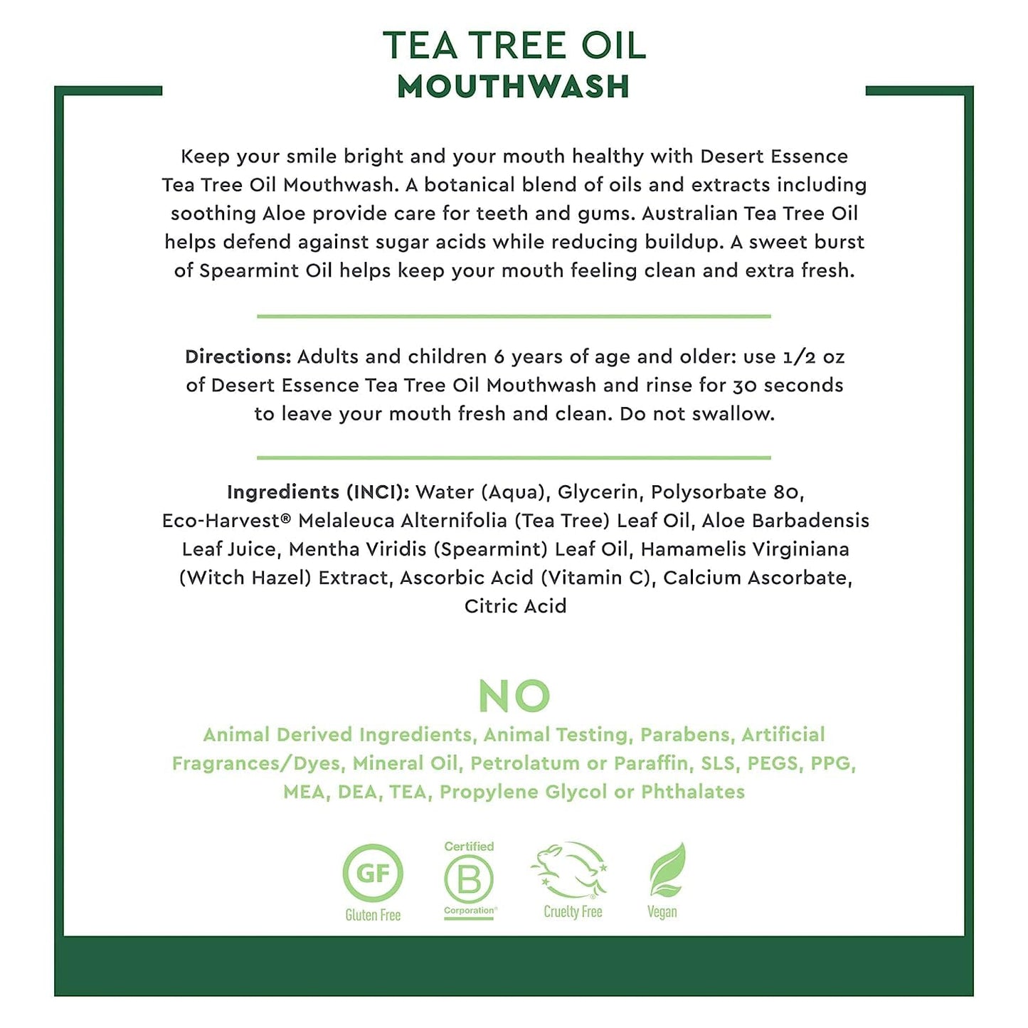 Desert Essence Sugar-Free Alcohol-Free Mouthwash with Tea Tree Oil & Aloe – Spearmint, 8oz | Vegan, Non-GMO, SLS-Free