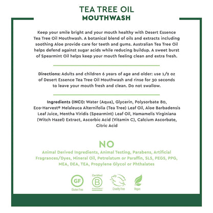 Desert Essence Sugar-Free Alcohol-Free Mouthwash with Tea Tree Oil & Aloe – Spearmint, 8oz | Vegan, Non-GMO, SLS-Free