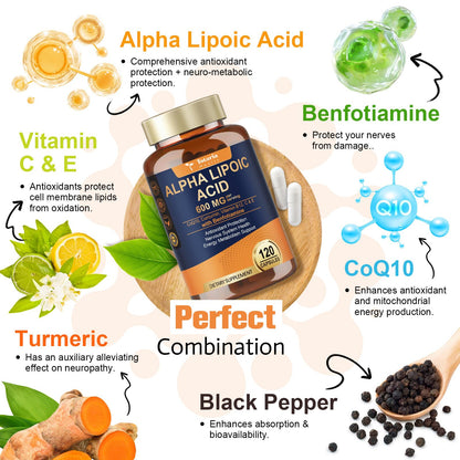Alpha Lipoic Acid 600mg with Benfotiamine 300mg – Nerve Health & Antioxidant Support (120 Veg Caps)