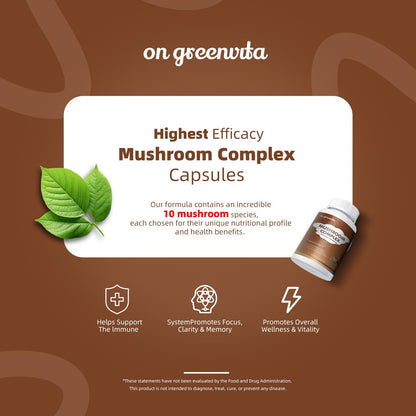 Mushroom Complex 2600mg - 120 Capsules | 10-Mushroom Blend (Reishi, Lions Mane, Cordyceps)