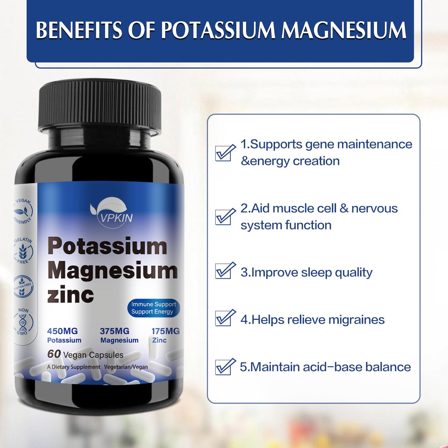 Potassium Magnesium 1000mg Supplement | Leg Cramps Relief | High Absorption | Vegan (60 Capsules)