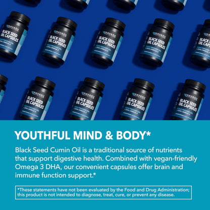 Black Seed Oil with DHA for Brain Health – Cold Pressed Black Cumin Seed Oil, DHA Omega-3 (60 Capsules) – Vegan, Non-GMO, Gluten-Free, 1 Month Supply