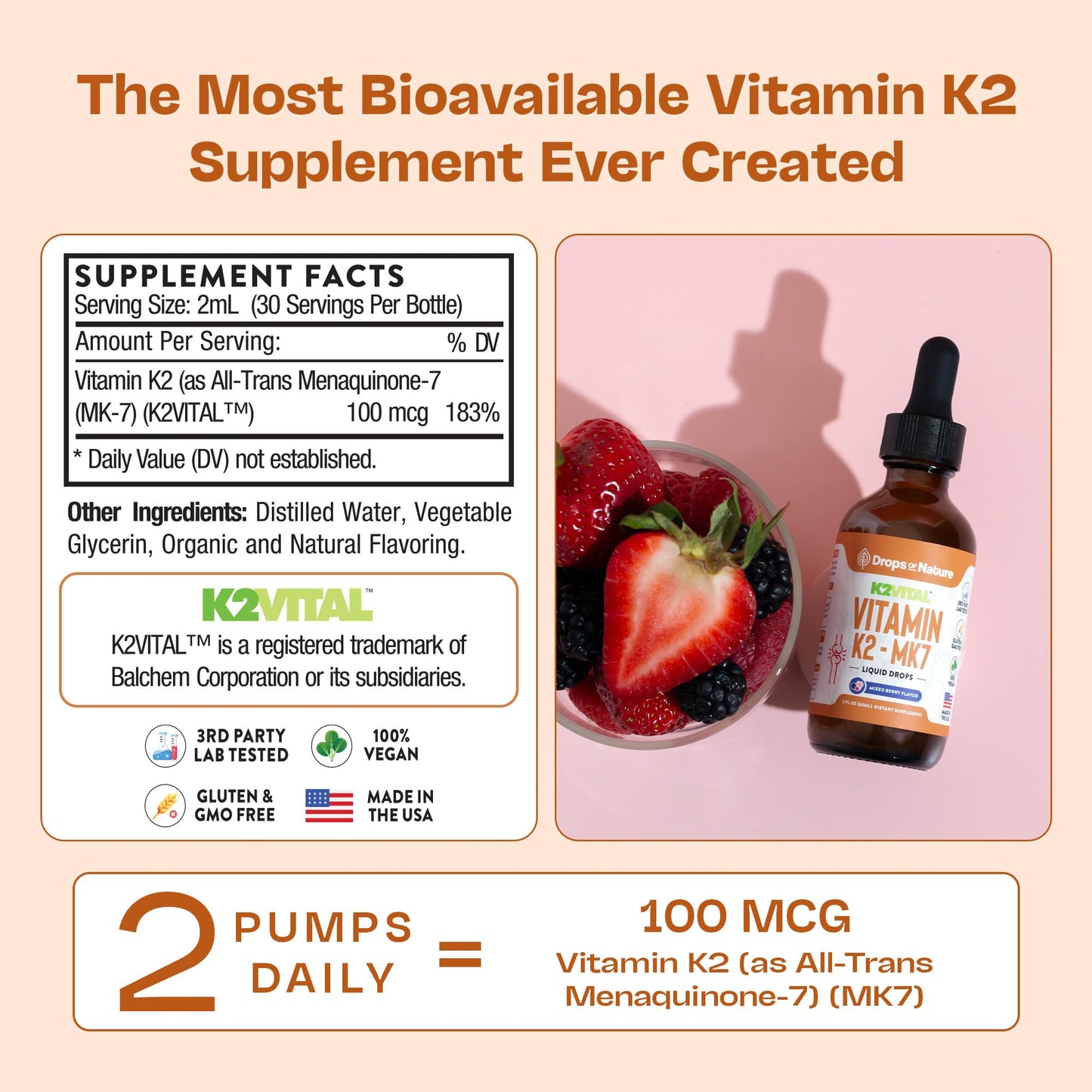 Vitamin K2 MK7 Liquid – 100 mcg, Vegan & Non-GMO, 60ml Berry Flavor | Bone & Cardiovascular Support