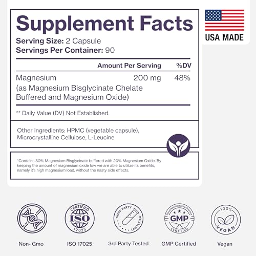 Pure Magnesium Glycinate Supplement – 200mg Per Serving, 180 Capsules | Sleep, Muscle & Nerve Health