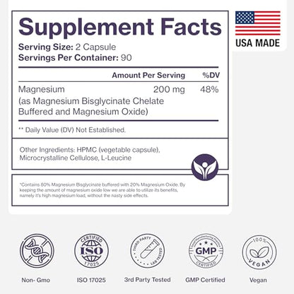 Pure Magnesium Glycinate Supplement – 200mg Per Serving, 180 Capsules | Sleep, Muscle & Nerve Health