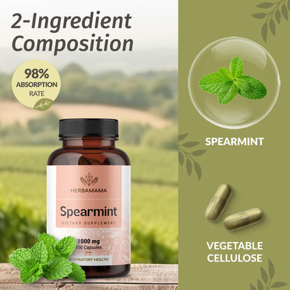 HERBAMAMA Spearmint Leaf Capsules - 1000mg Spearmint Leaves for Gut Cleanse & Digestive Support | Vegan, Non-GMO Mentha Spicata