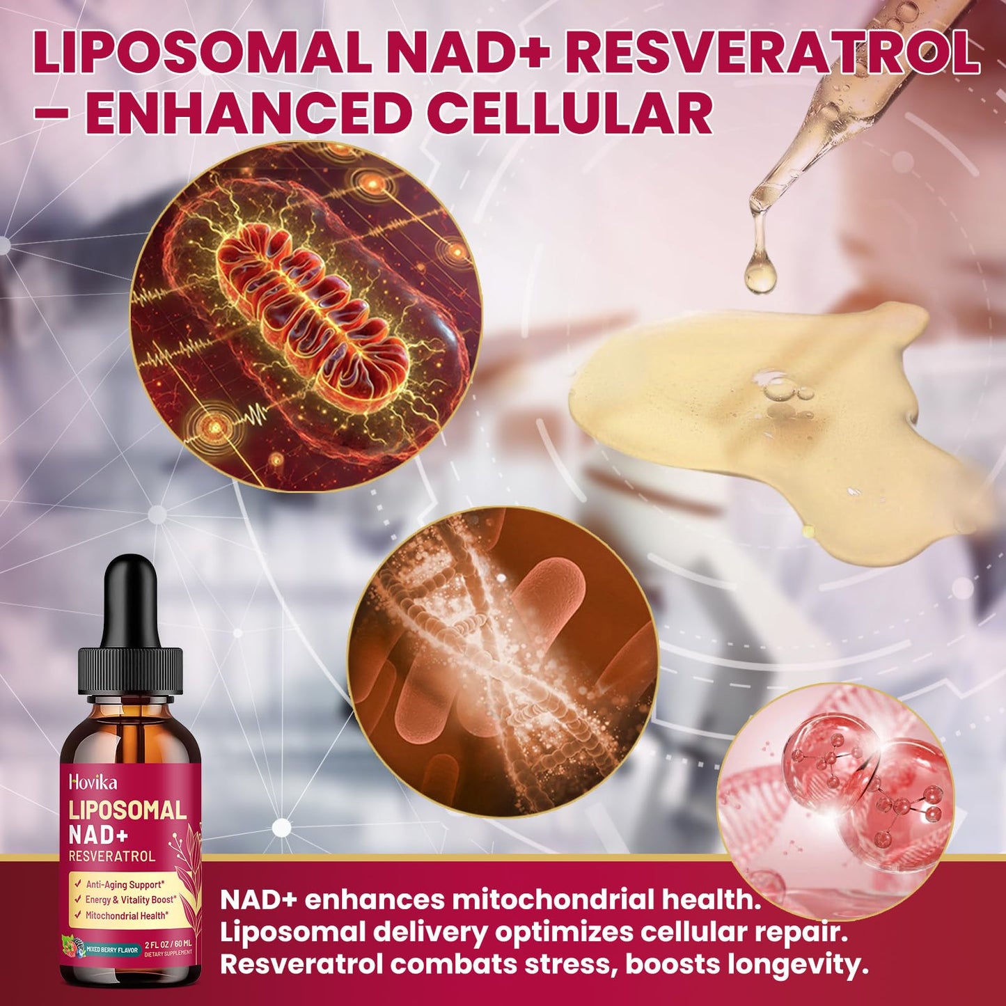 Liposomal NAD Supplement - 1200mg NAD+ Liquid Drops for Women & Men with Resveratrol, Black Pepper Extract - Support Anti-Aging, Brain & Cellular Mitochondrial Health - 2 Fl Oz Mixed Berry Flavor