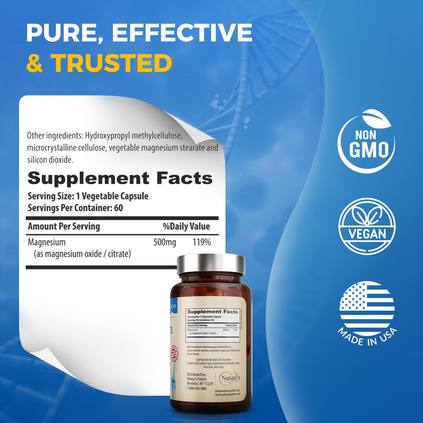 Nature's Potent Magnesium Supplements | Magnesium Citrate & Oxide 500mg | Vegan, USA Made, Sleep Support - 60 Veggie Capsules
