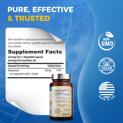 Nature's Potent Magnesium Supplements | Magnesium Citrate & Oxide 500mg | Vegan, USA Made, Sleep Support - 60 Veggie Capsules