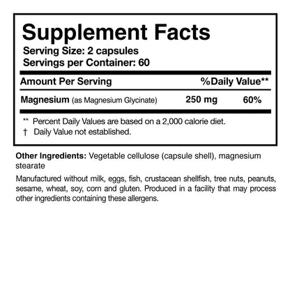 Magnesium Glycinate 125mg Capsules – 120 Vegan, Non-GMO | Researched Nutritionals