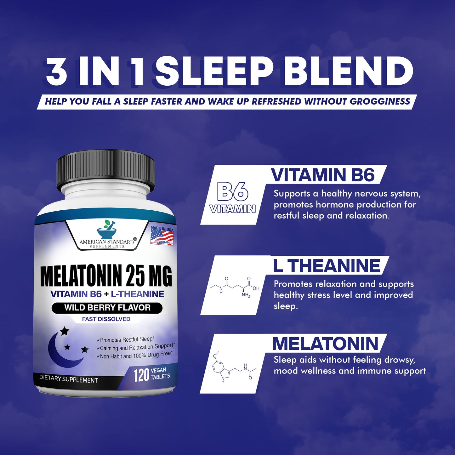 Melatonin 25mg Chewable Tablets with L-Theanine & Vitamin B-6 – 120 per Pack (Pack of 2) – Vegan, Non-GMO, Made in USA