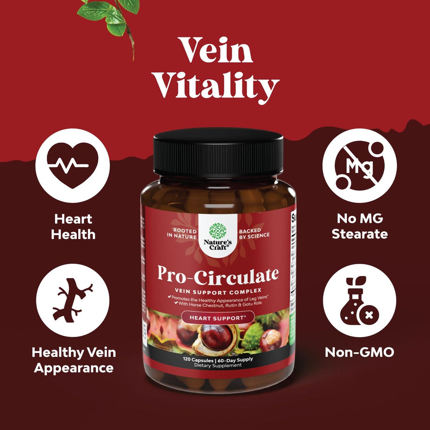 Vein Support for Legs — Leg Circulation & Varicose Relief | Vegan Non-GMO Mini Caps (2-Month)